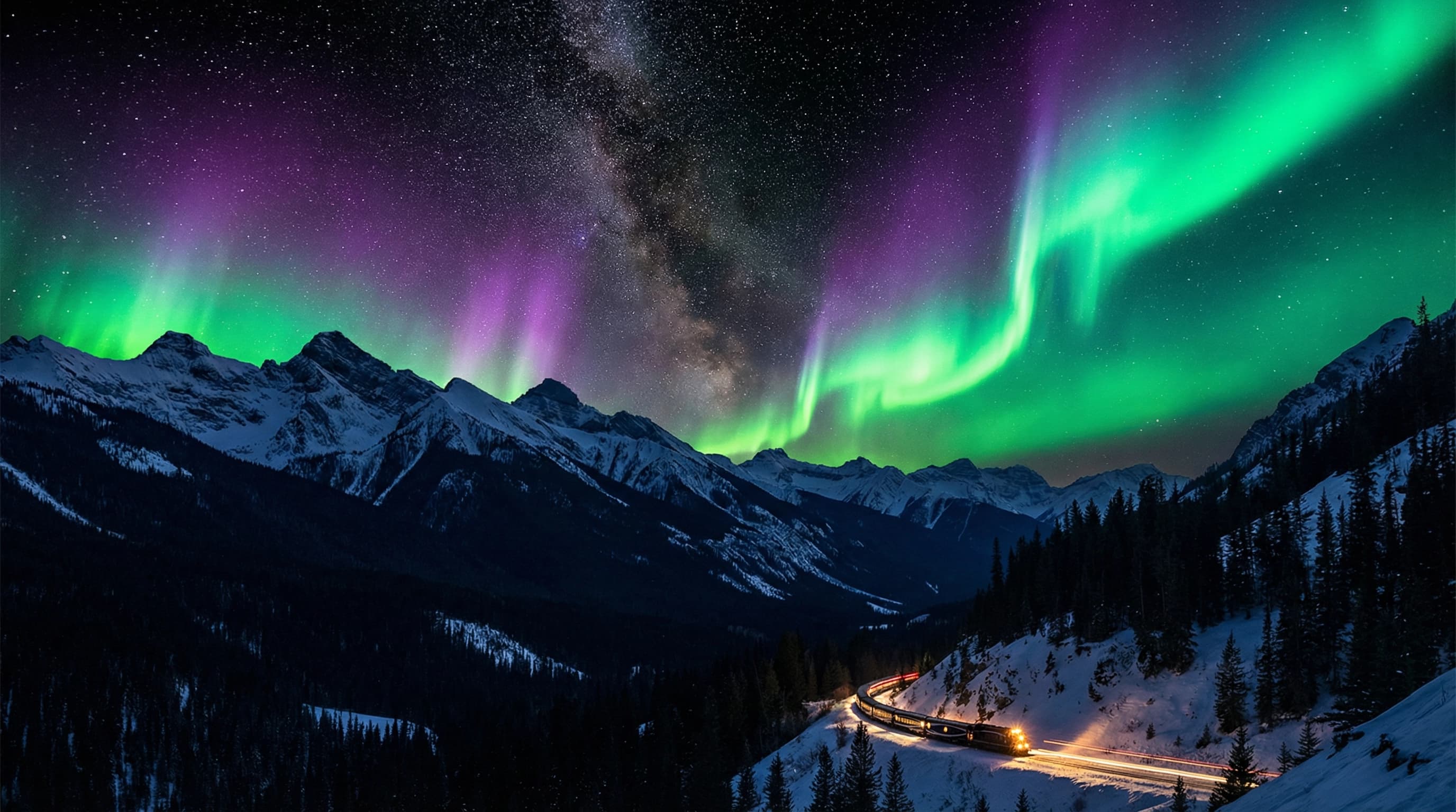 Northern lights and night sky over mountains — hero background
